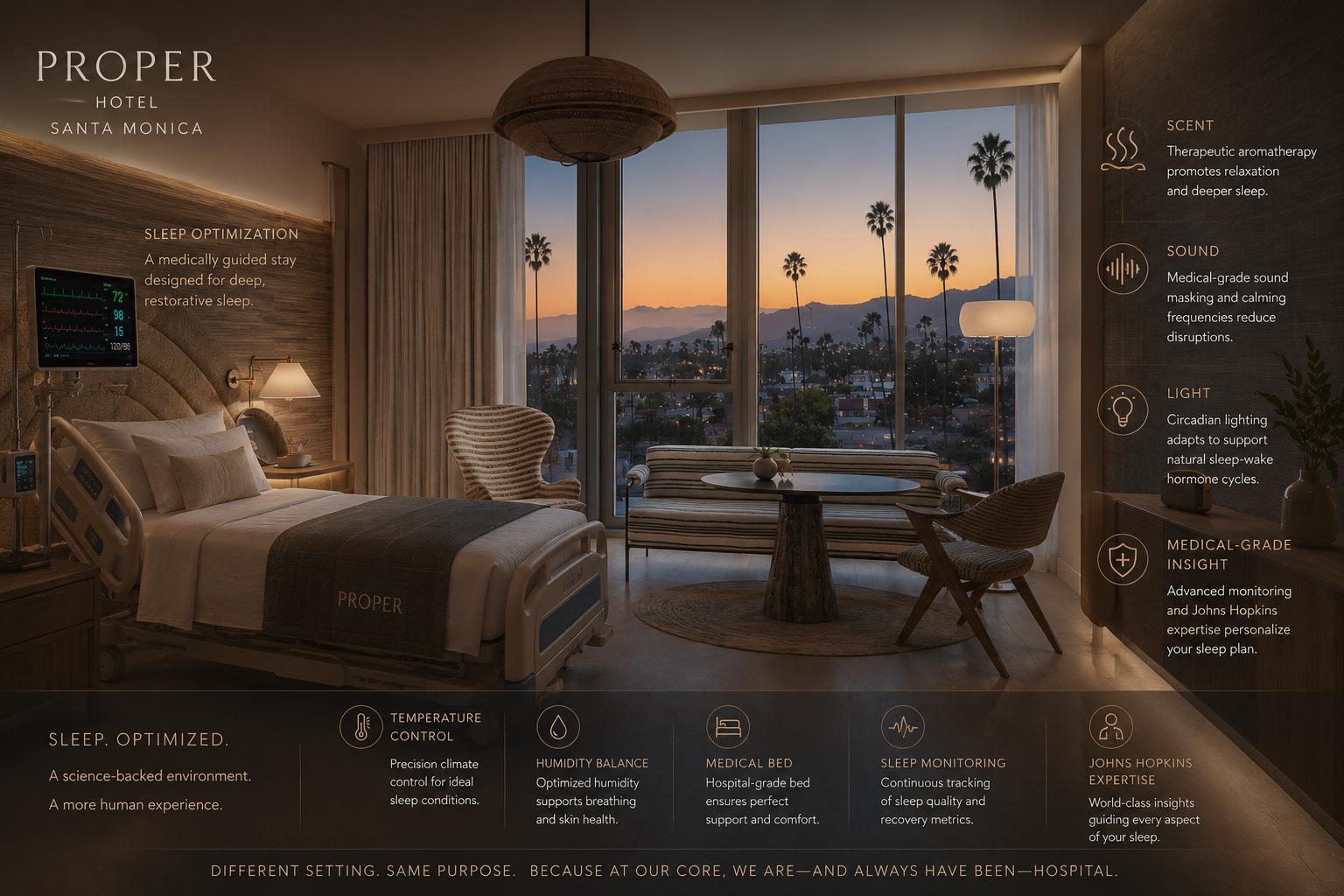 Annotated Santa Monica Proper sleep suite at dusk showing scent, sound, circadian light, medical-grade insight, temperature, humidity, medical bed and sleep monitoring systems