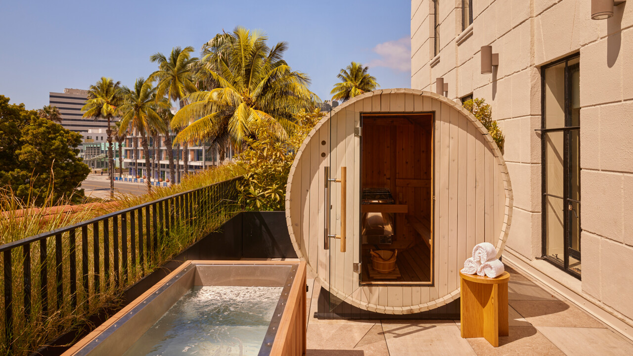 Rooftop cedar barrel sauna and cold plunge overlooking palm trees in Santa Monica