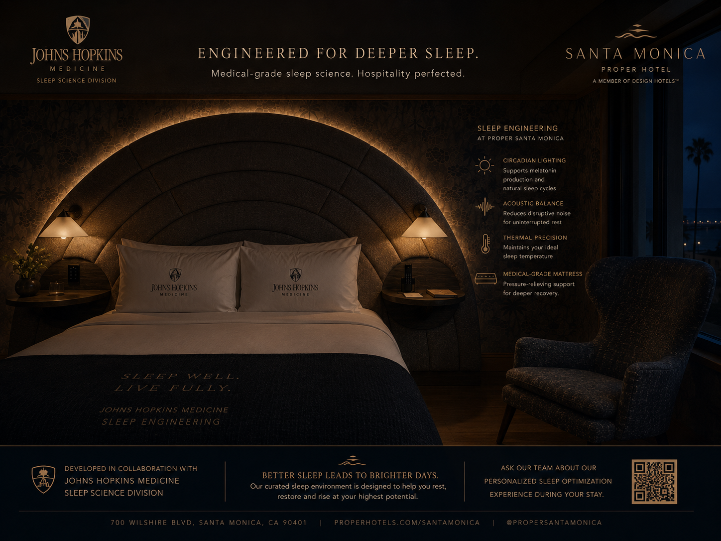 Sleep engineering room at Santa Monica Proper: an arched backlit headboard, Johns Hopkins Medicine pillows and coastal night window, annotated with circadian lighting, acoustic balance, thermal precision and a medical-grade mattress