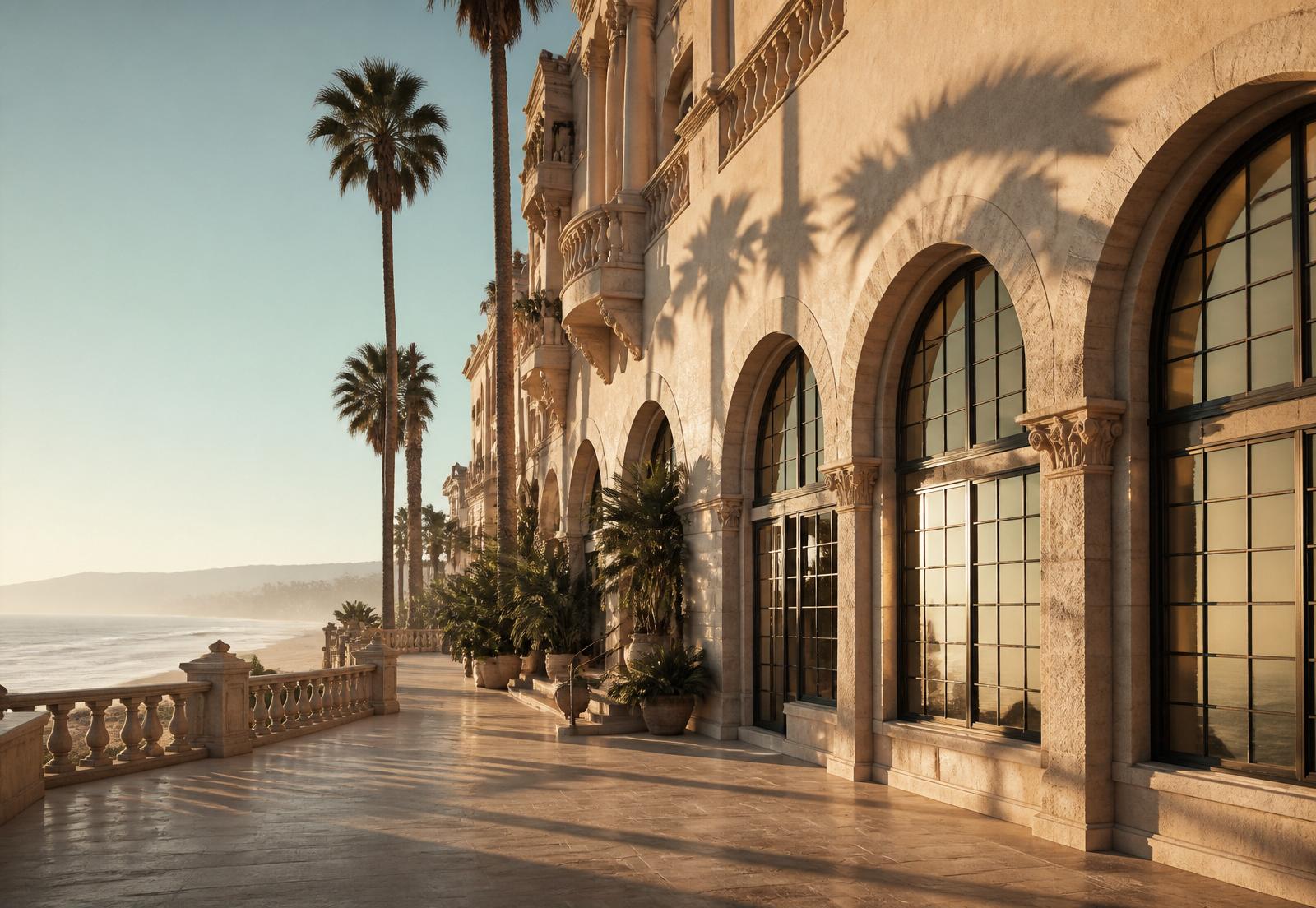 Morning coastal light on a restored 1920s landmark hotel facade near the Santa Monica shoreline