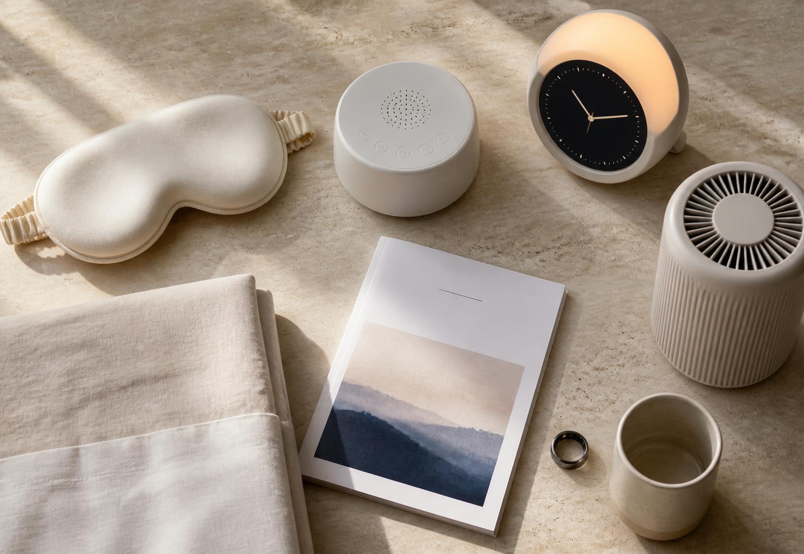 Sleep Kit items arranged on a travertine surface: sleep mask, sound device, sunrise alarm, air purifier, linen and a printed blueprint guide