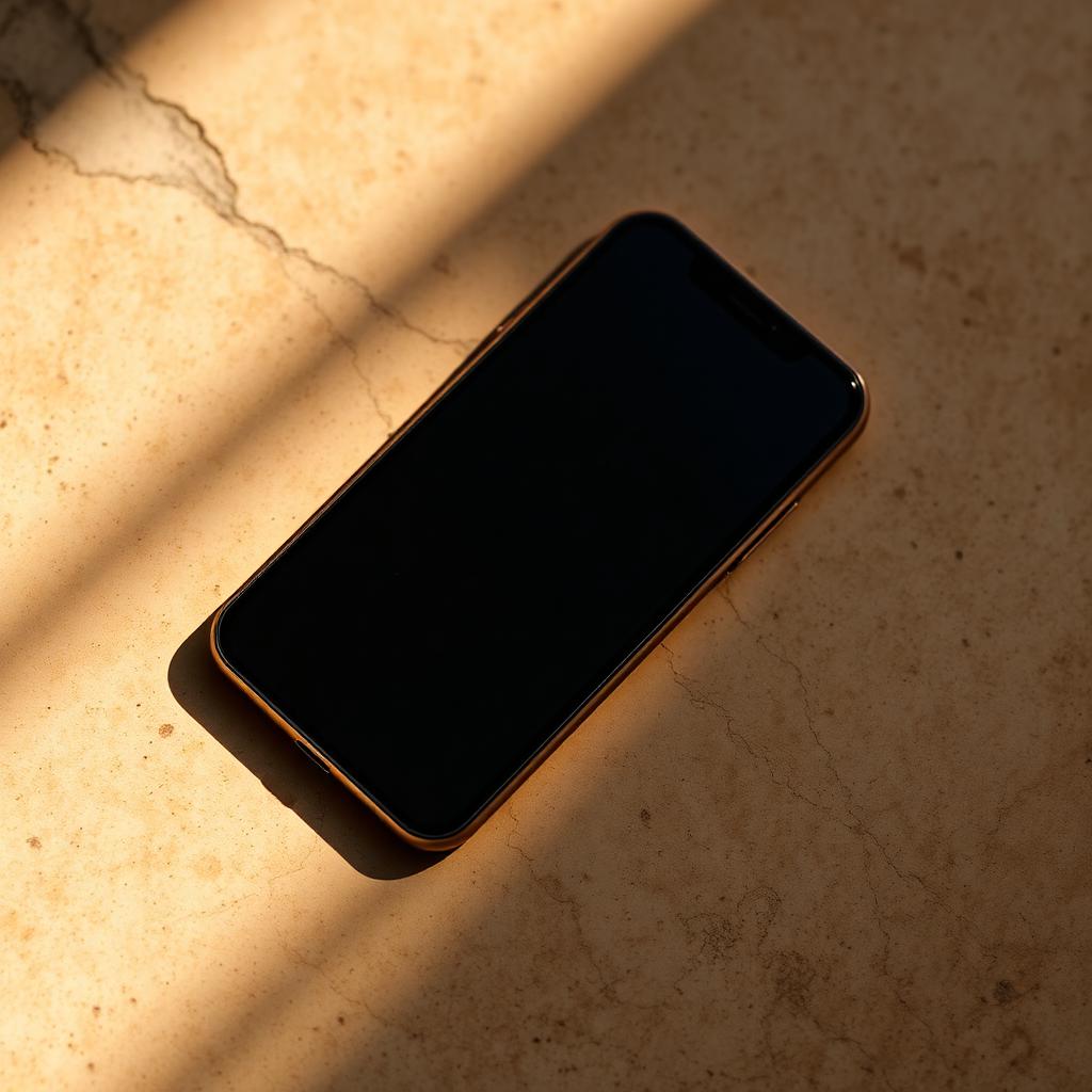A smartphone with a dark screen lying face up on travertine in warm low light
