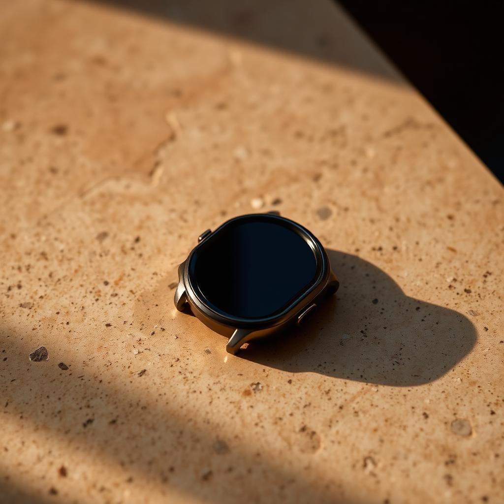 A smartwatch with a dark screen lying on travertine in warm low light
